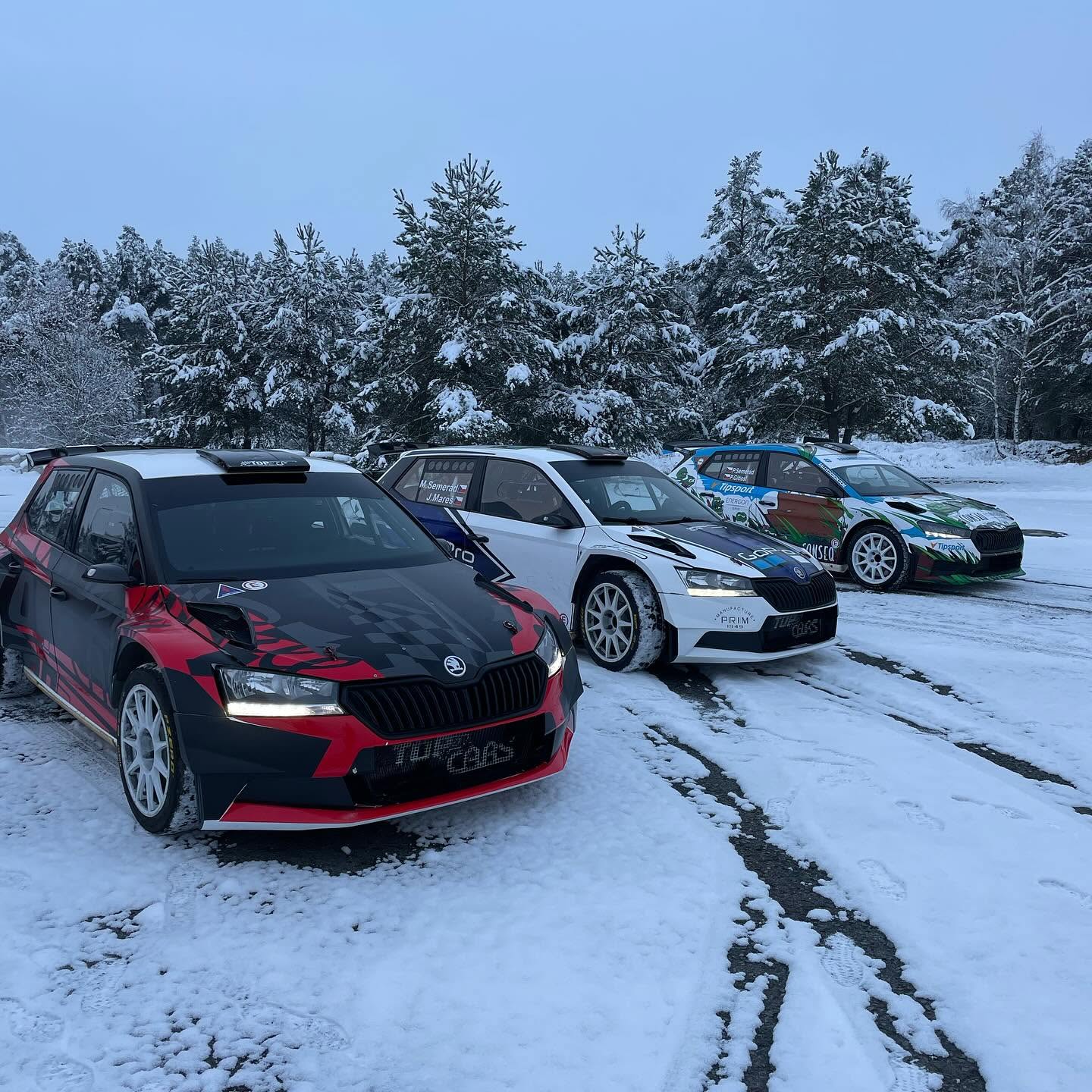 Rally cars lined up in a snowy service park
